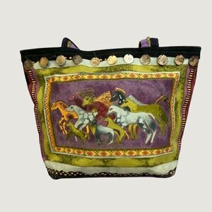 Laurel Burch Wild Horse Canvas Tote Bag Purple Green Shoulder Bag Coins *READ*